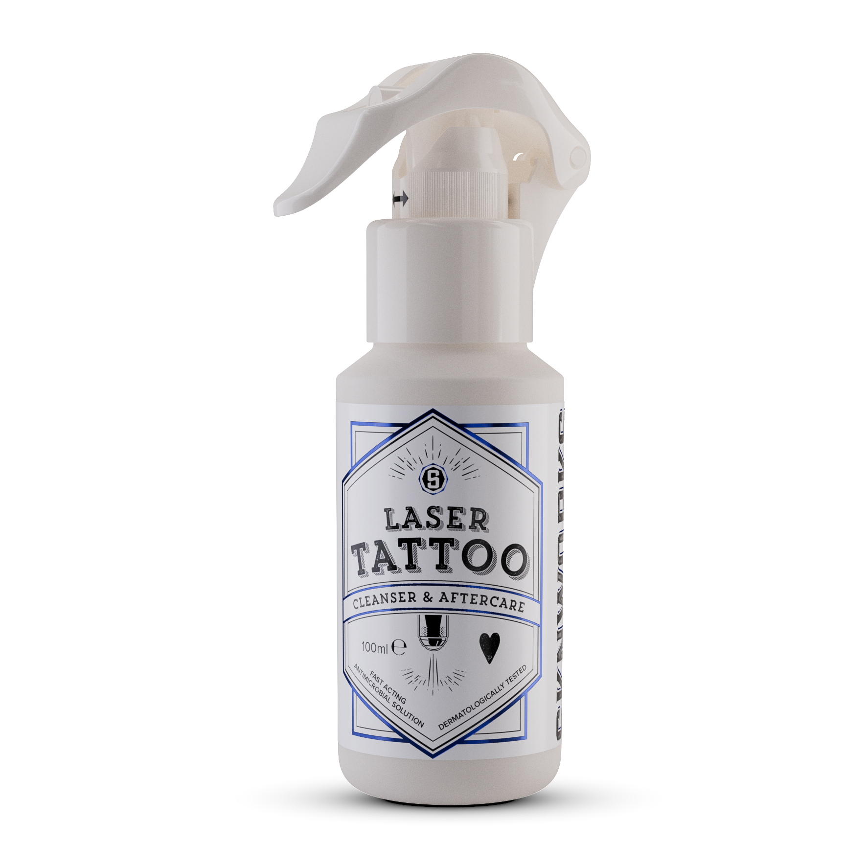 A bottle of laser tattoo cleaner with a sprayer on a white background.