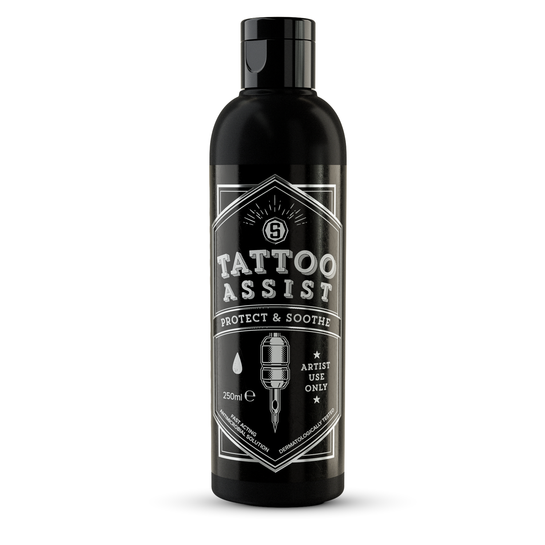 A bottle of tattoo assist protect & hydrate on a white background.