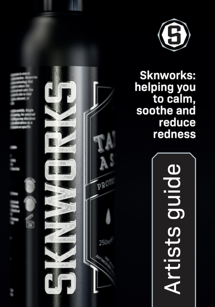 A black bottle of skinworks helping you to calm soothe and reduce redness