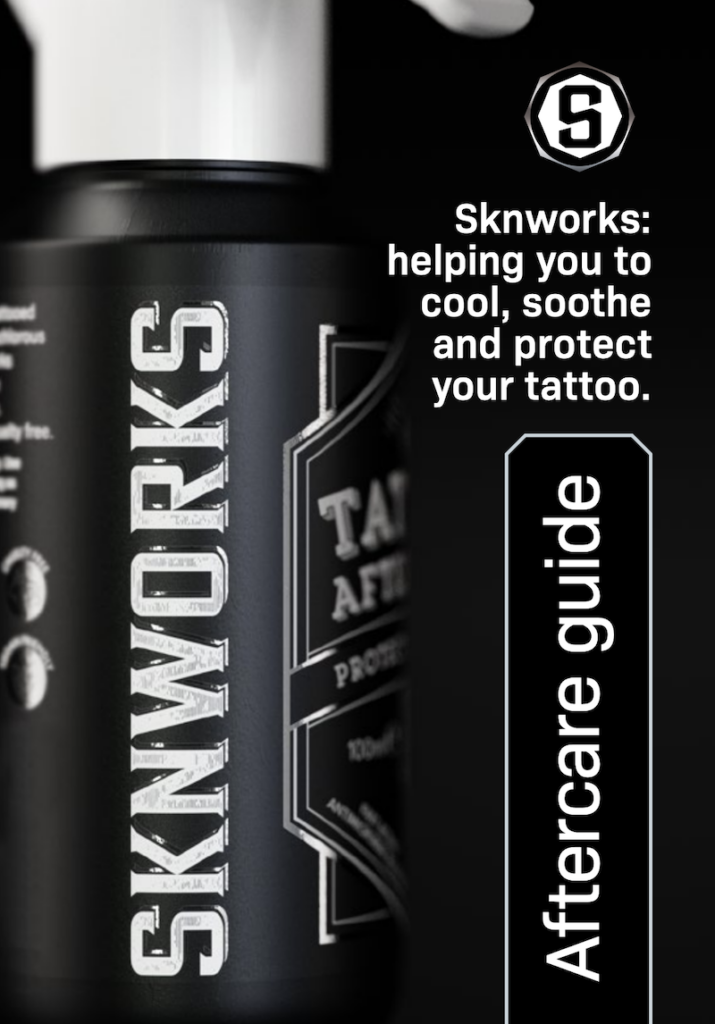A bottle of skinworks helping you to cool soothe and protect your tattoo