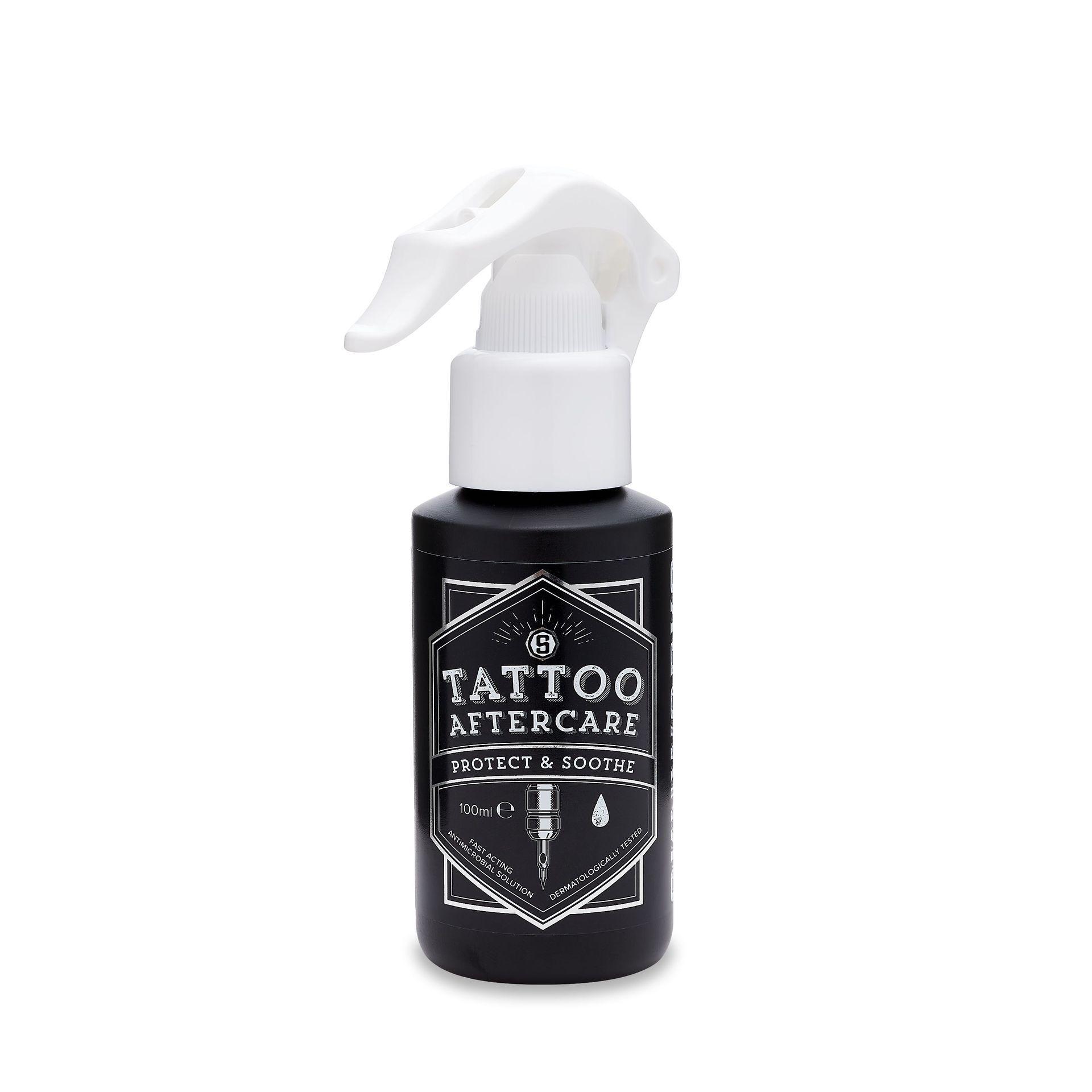 A bottle of tattoo aftercare spray on a white background.