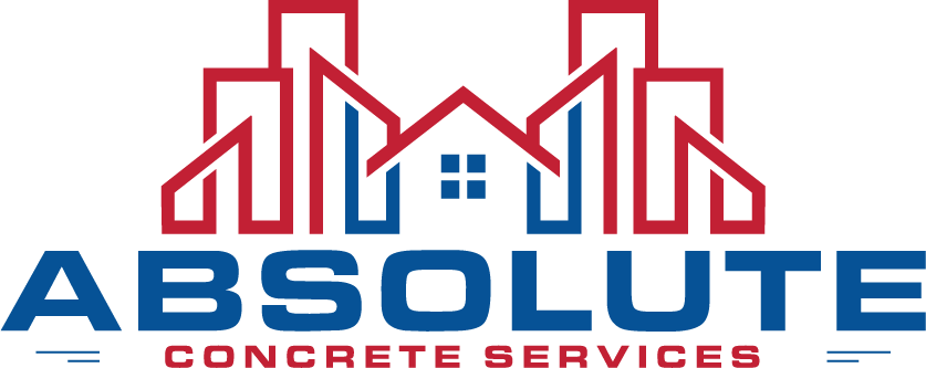 Logo for Absolute Concrete Services featuring a red and blue stylized building and house graphic over the company name.
