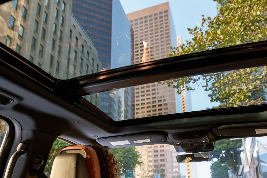 View from a car with a sunroof showing tall city buildings and trees overhead