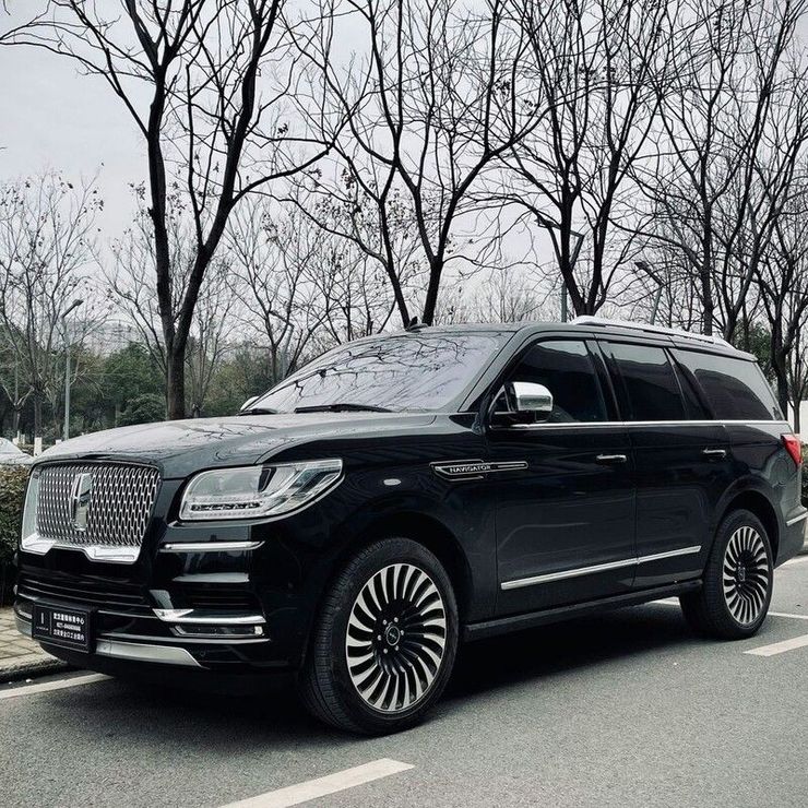 Black luxury SUV parked on a tree-lined street on a cloudy day