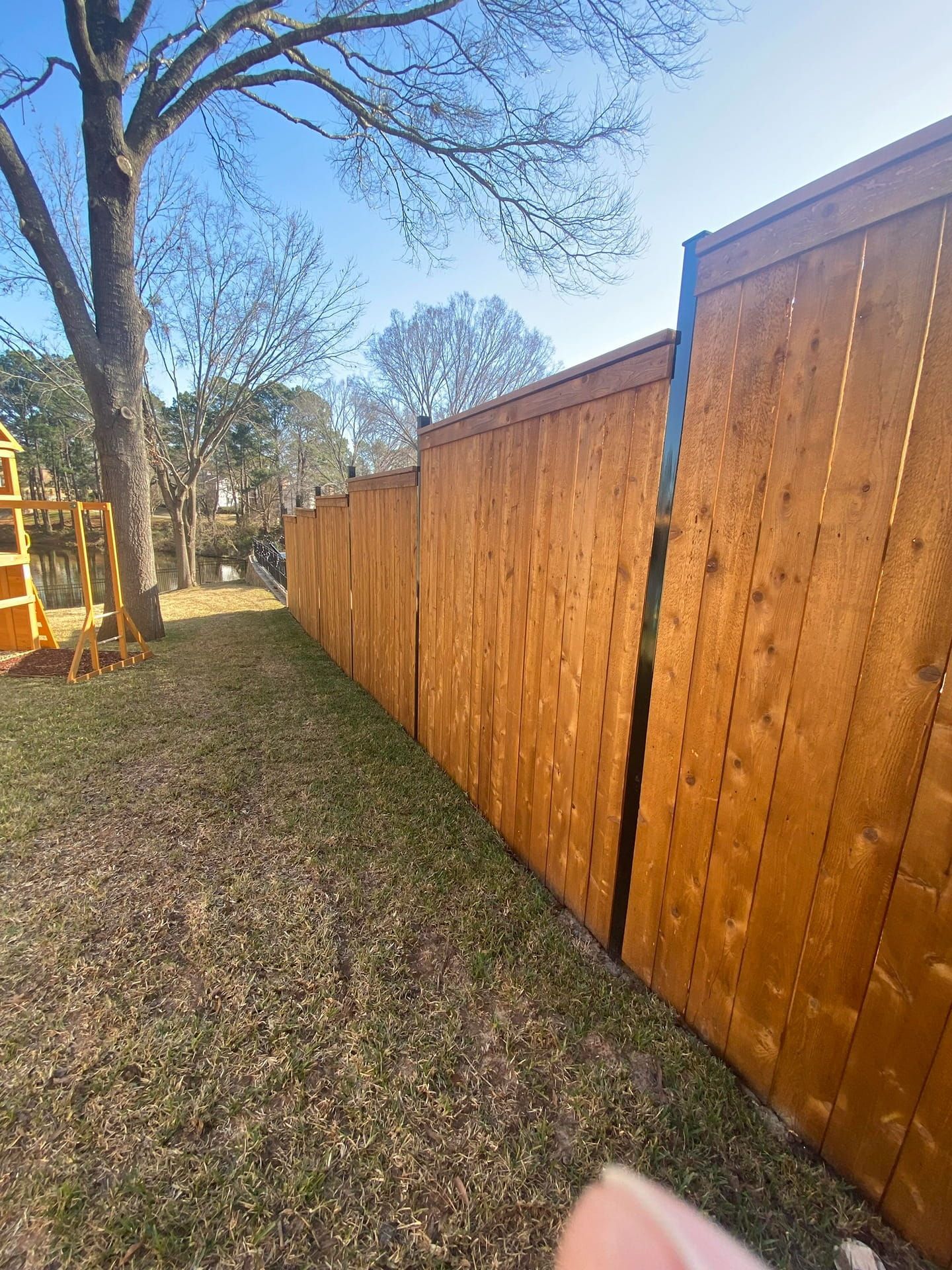 A section of a tall, stained-wood privacy fence standing in a grassy backyard under a clear blue sky.