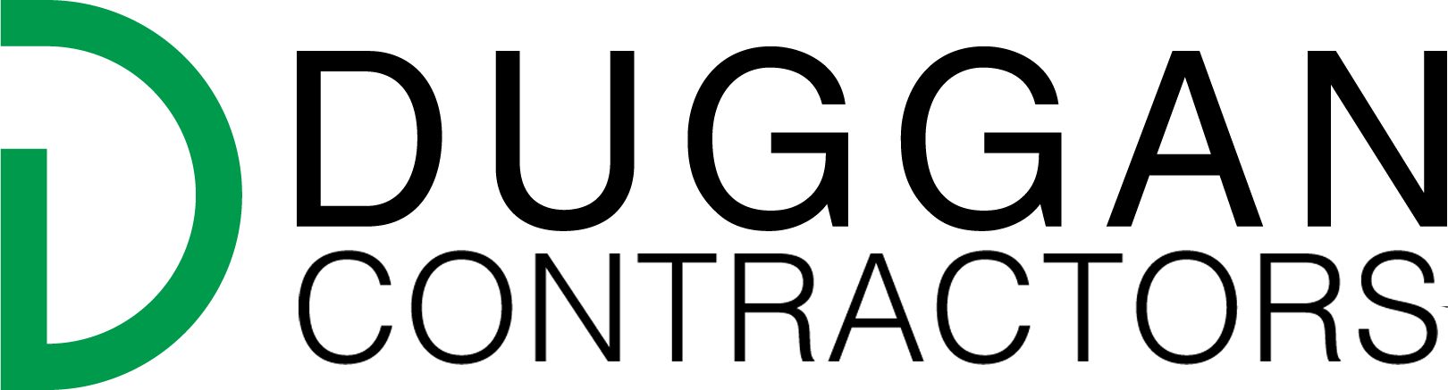 A green letter D logo next to the bold, black text "DUGGAN CONTRACTORS."