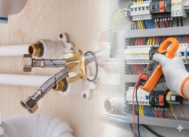 Plumbing fixture and electrical panel overlapping; a person tests circuits with a meter.