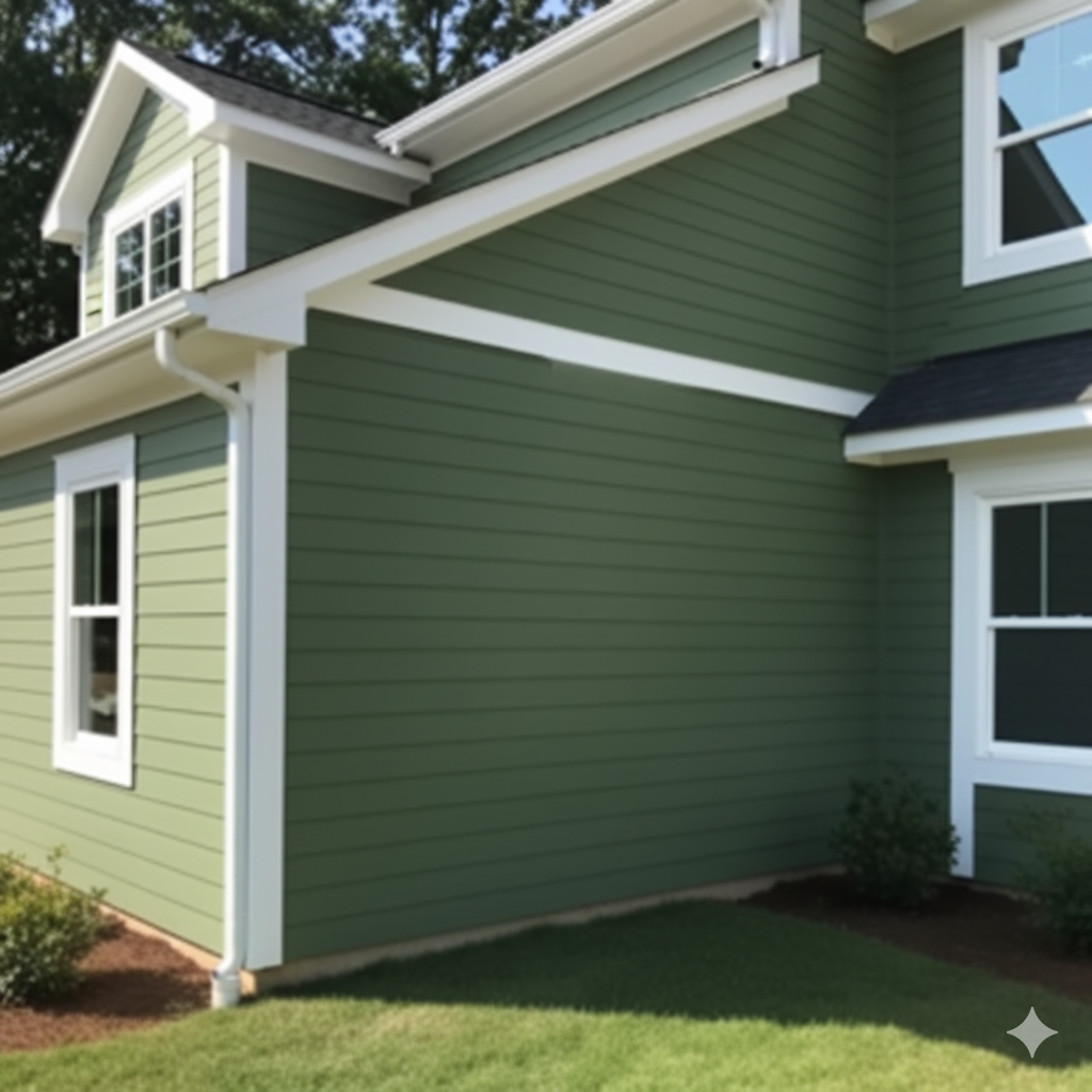 Green house exterior with white trim, gutters, and windows.
