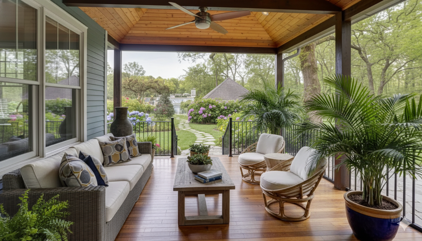 Covered porch with seating, wood floors, and view of garden and lake.