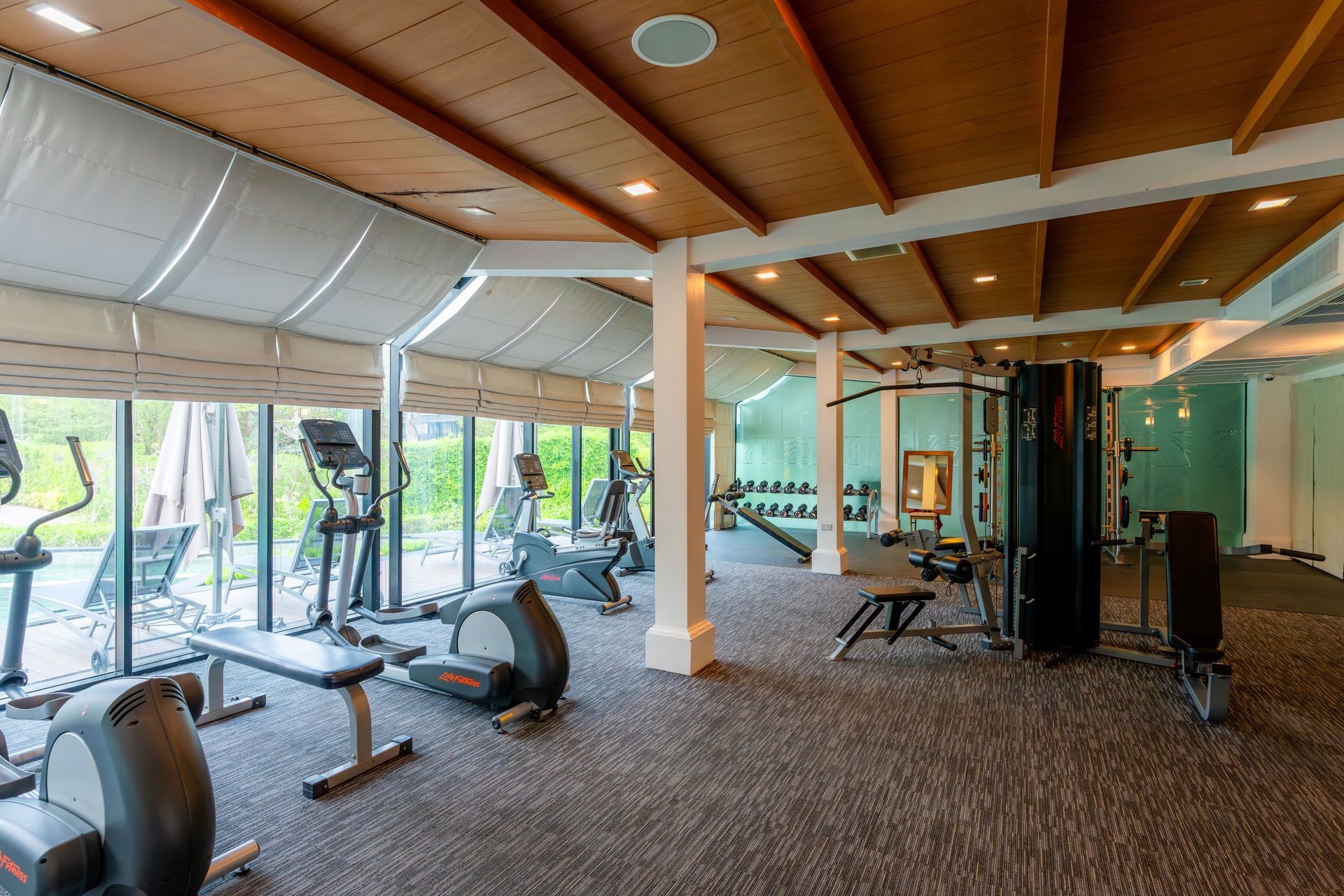 Gym with various exercise machines, weights, and large windows. Brown ceiling, gray carpet.