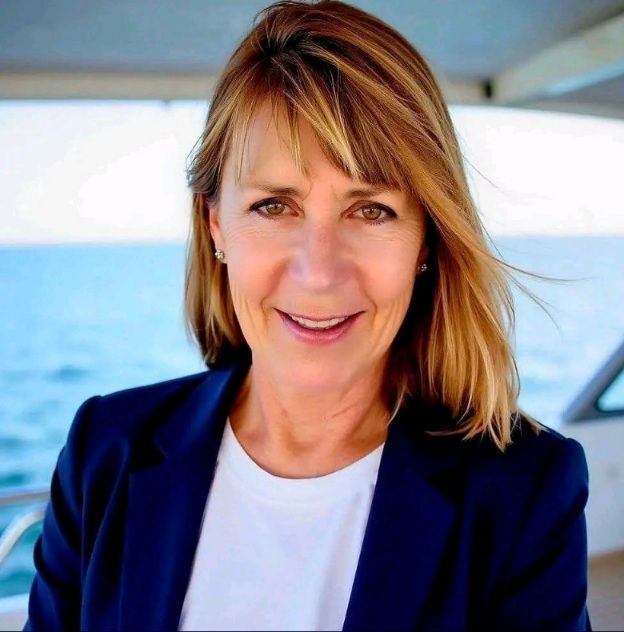 Smiling woman in a blue blazer and white shirt on a boat with the ocean behind her