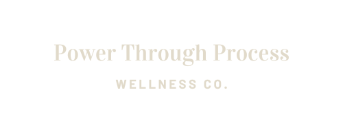 Minimal beige logo text reading “Power Through Process” with “WELLNESS CO.” below on a white background