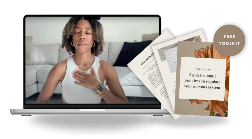 Woman on laptop screen beside a planner and documents, promoting a free budget guide.