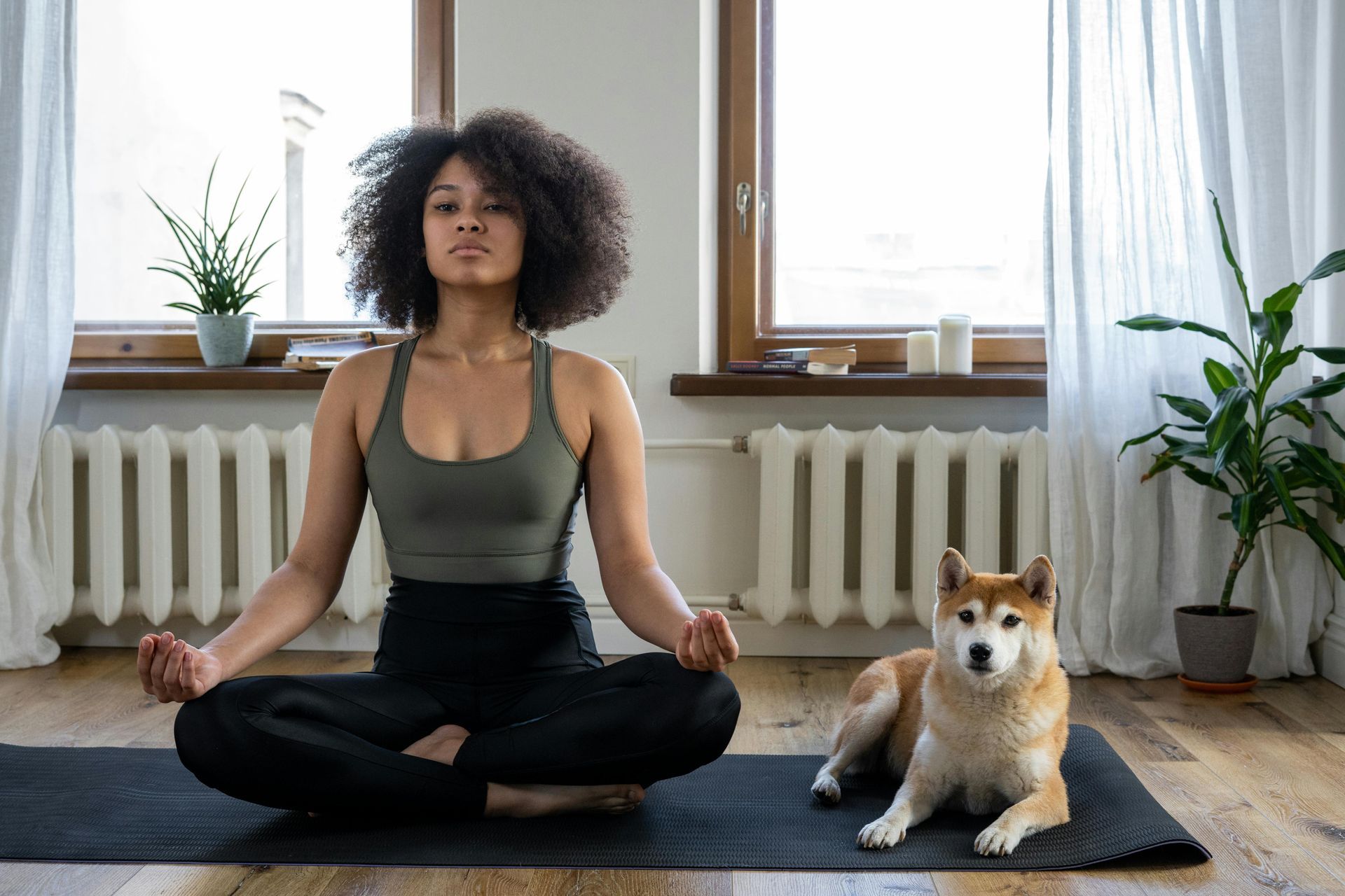 Woman meditating on a mat beside a small dog in a bright room with plants and windows