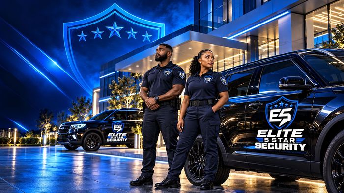 Two security guards stand beside black E5 Elite Security SUVs outside a brightly lit building at night