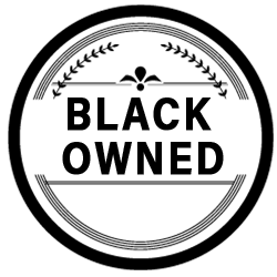 Black Owned logo in a circular design with ornate details.