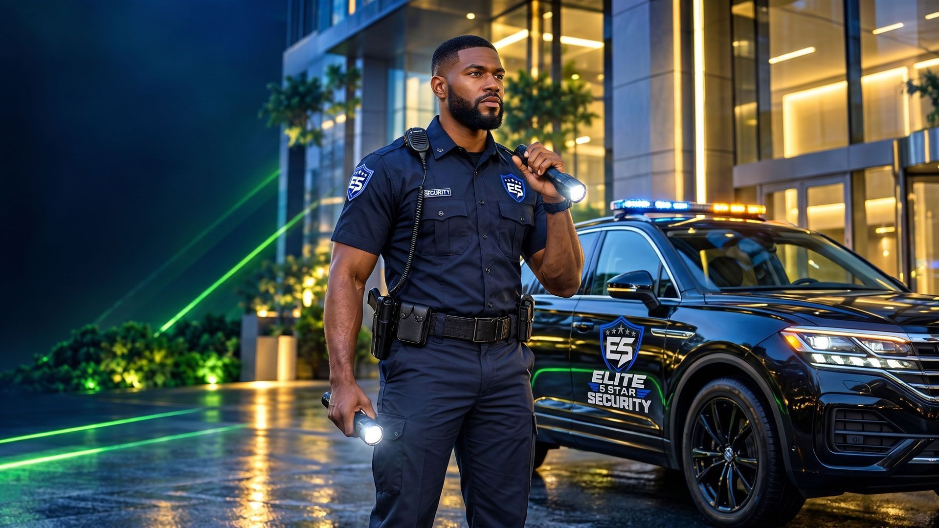 Security guard standing beside a black patrol SUV outside a modern building at night
