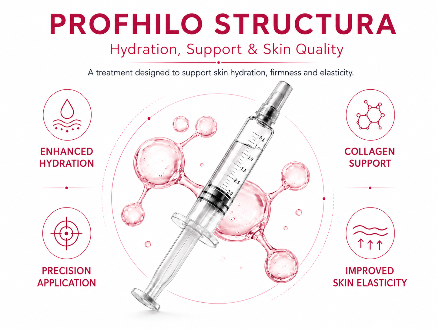 Profhilo Structura ad for syringe and pink molecule graphic highlighting hydration, collagen support, and skin elasticity