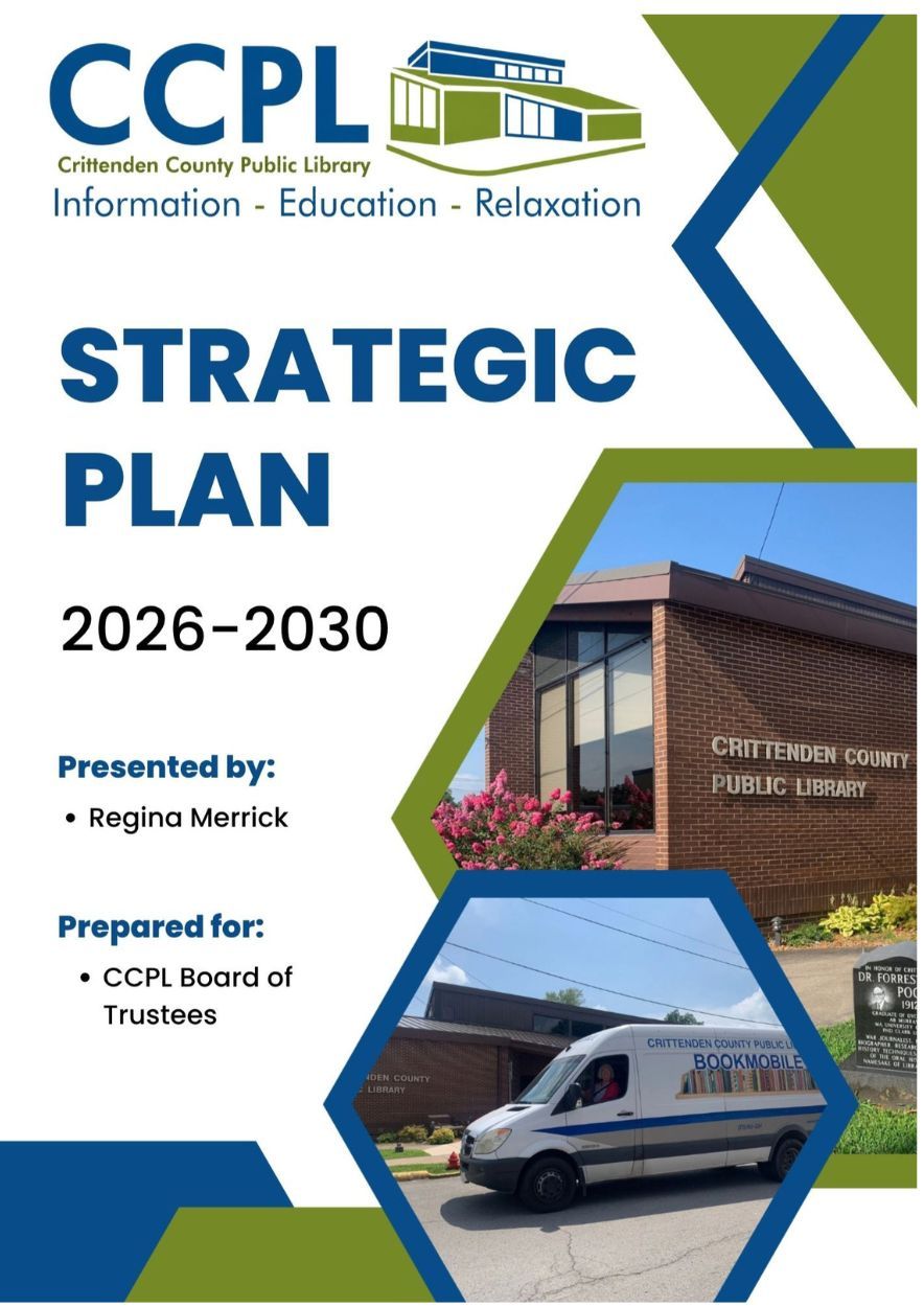 CCPL Strategic Plan 2026–2030 cover with library building and van photos on white, blue, and green design