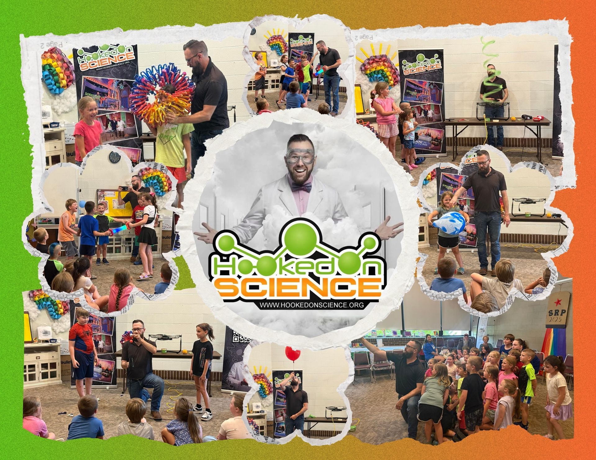 Mad scientist with kids doing science experiments at Hooked On Science event.