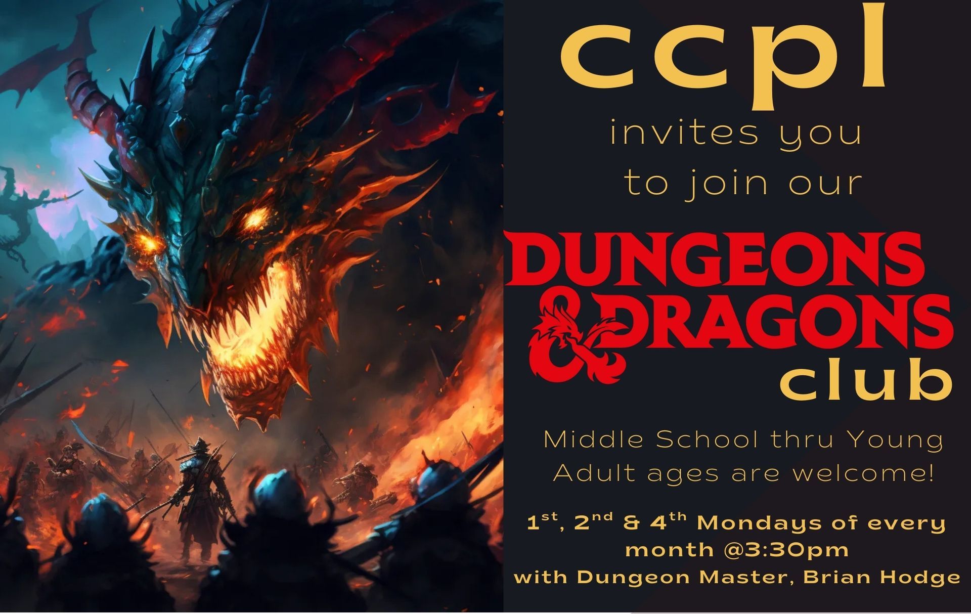 Poster for a Dungeons & Dragons club, featuring a dragon illustration and text inviting people to join the club at the CCPL.