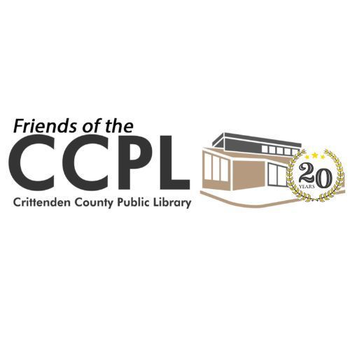 Logo for Friends of the CCPL, Crittenden County Public Library. Features building graphic with 