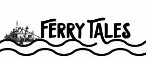 A black and white logo for ferry tales with a boat in the background.