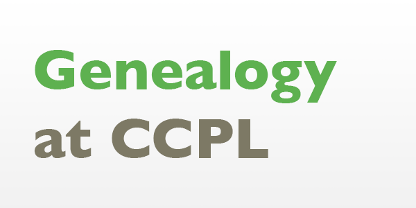 A green and white logo for genealogy at ccpl