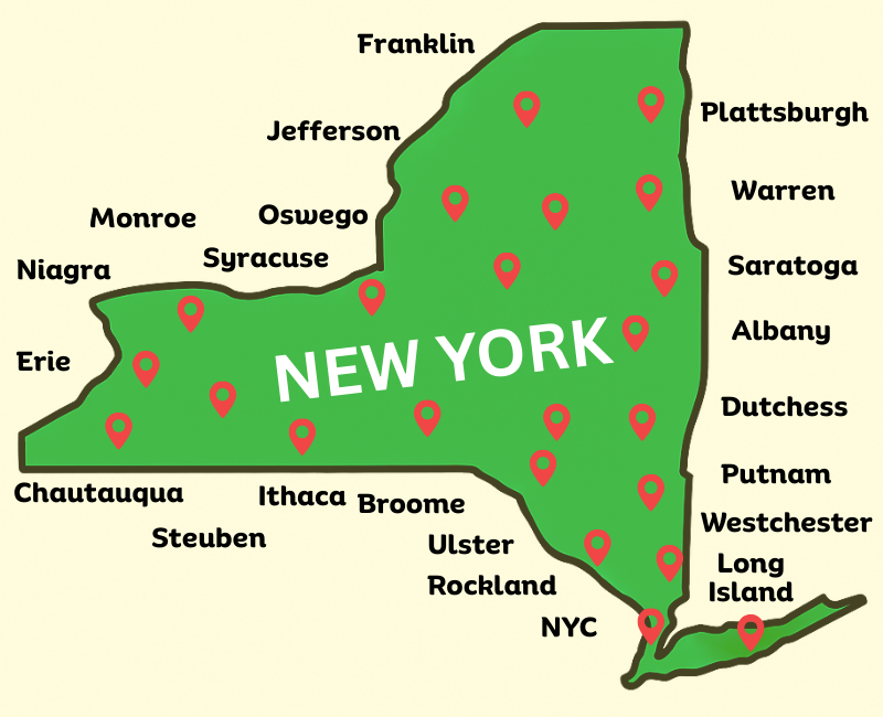 Map of New York showing tutoring locations: Suffolk County, NYC, Westchester, Long Island, & across New York