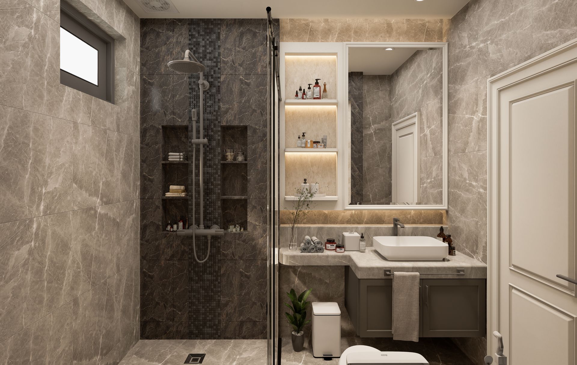 A bathroom with a sink , toilet , shower and mirror.