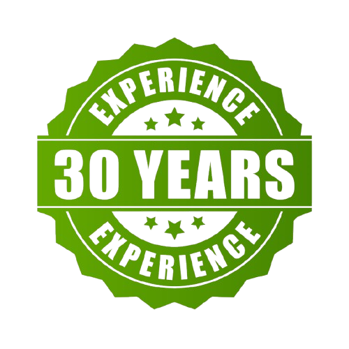 A green stamp with the words `` experience 30 years '' written inside of it.
