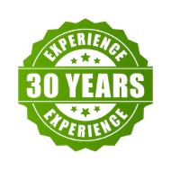 A green stamp with the words `` experience 30 years '' written inside of it.