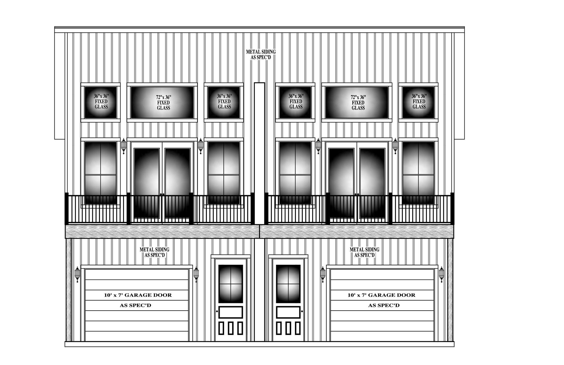 A black and white drawing of a house with two garages