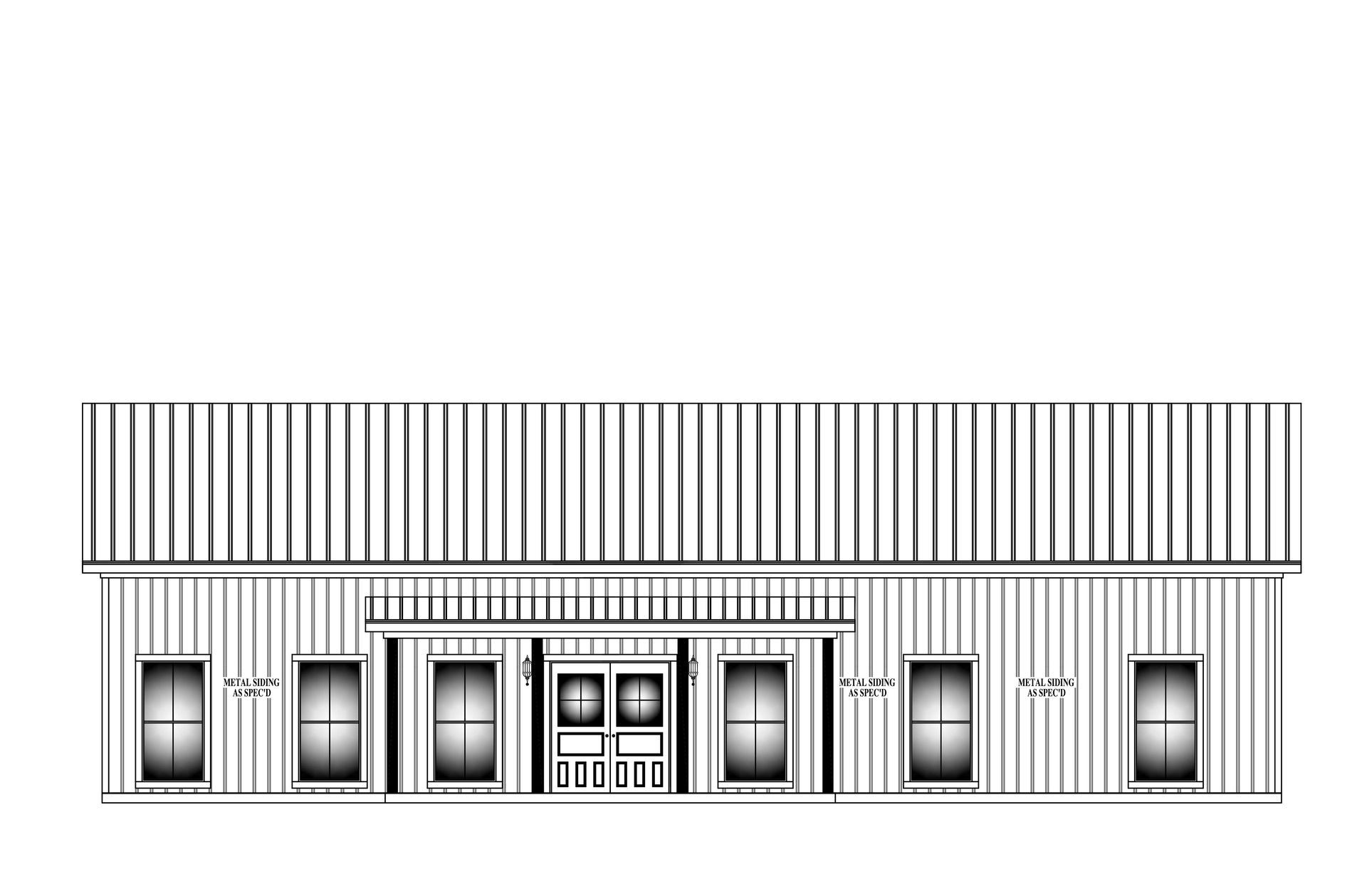 A black and white drawing of a building with a roof and windows.