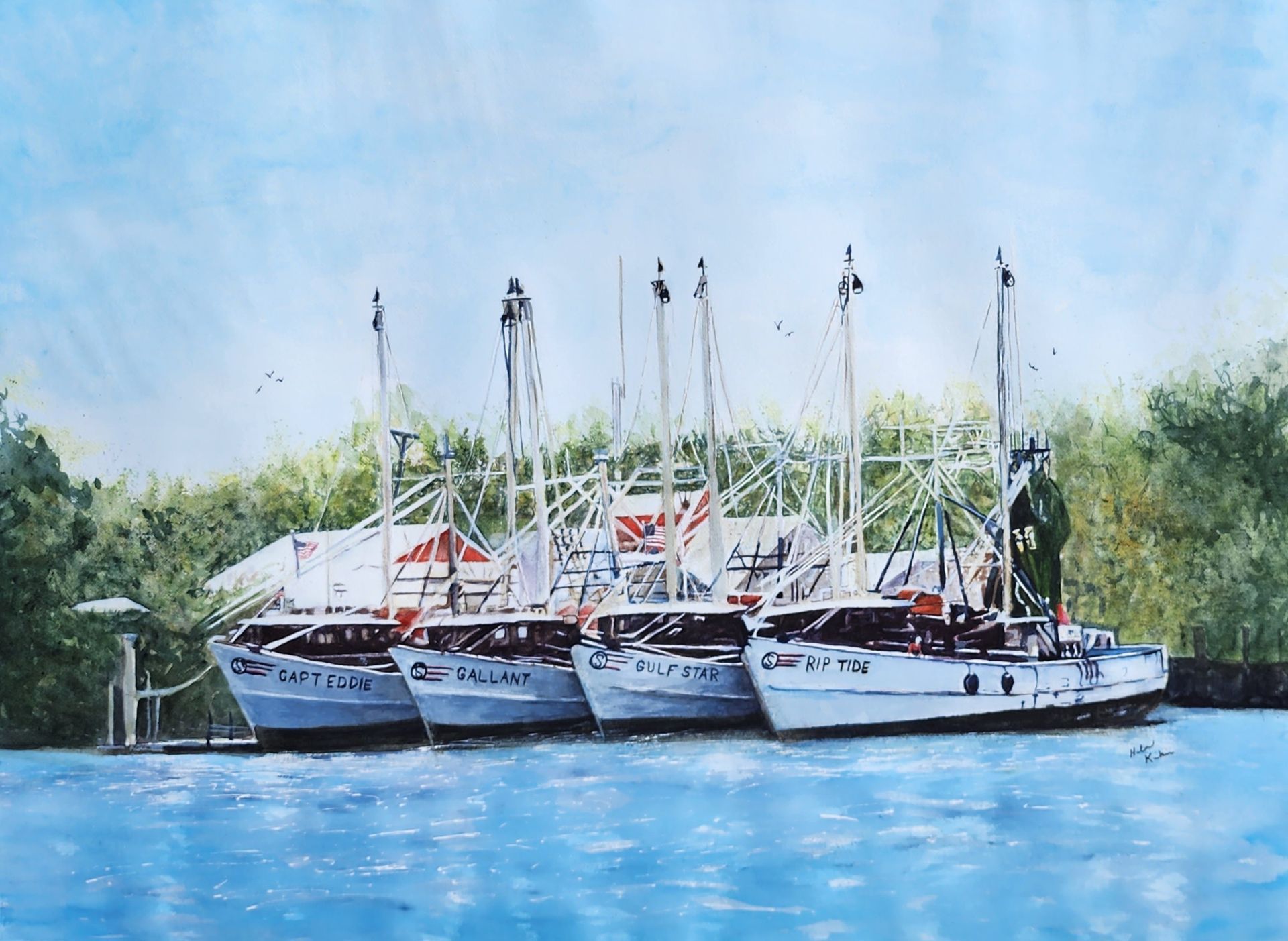 Watercolor painting of four historic Fort Myers Beach shrimp boats—Capt Eddie, Gallant, Gulf Star, a