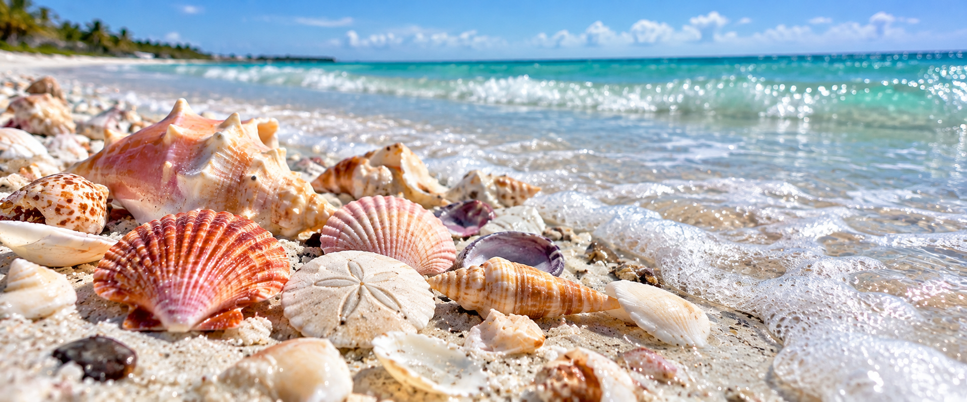 Colorful seashells and sand dollars scattered along the sandy shoreline, with gentle turquoise Gulf