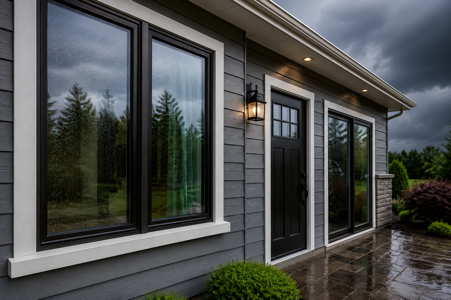 Rainy exterior of a Janesville home with weatherproof windows and doors before a summer storm.