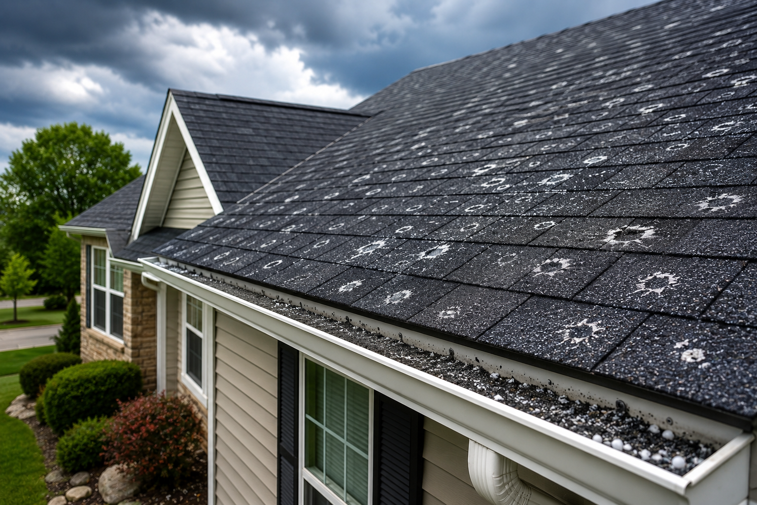 Hail-damaged asphalt shingle roof on a Janesville, WI home showing storm impact and gutter debris