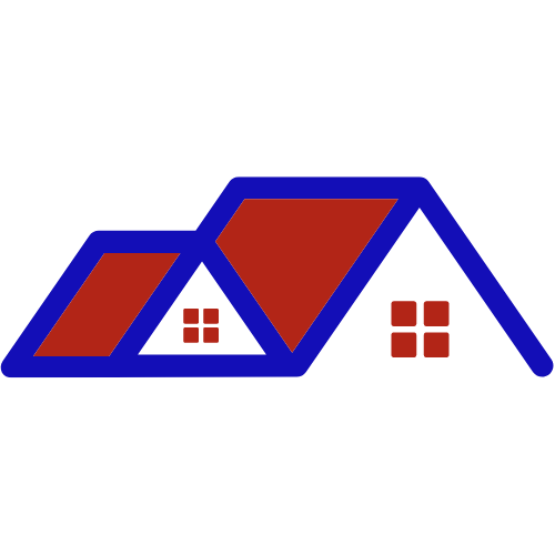 A blue and red roof with a house in the background.