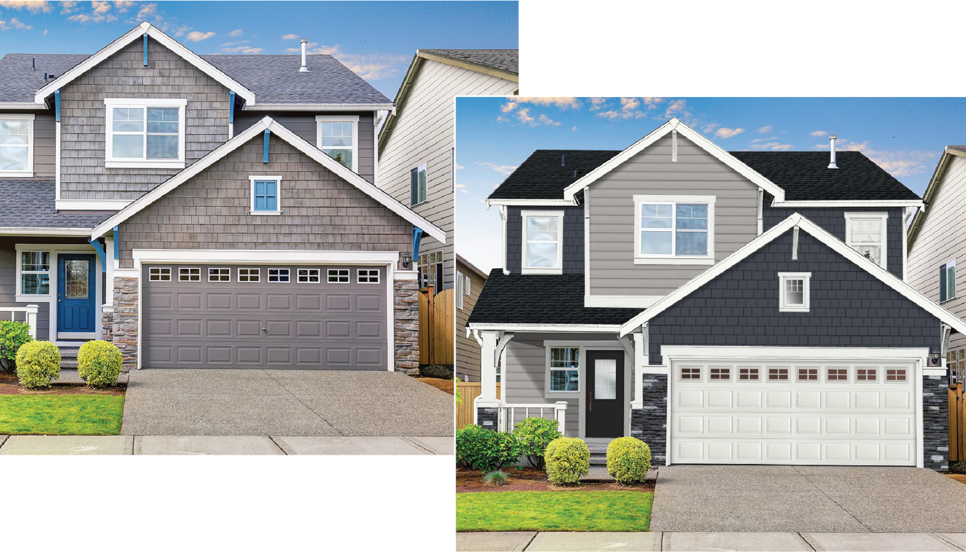 A before and after picture of a house with a black garage door.