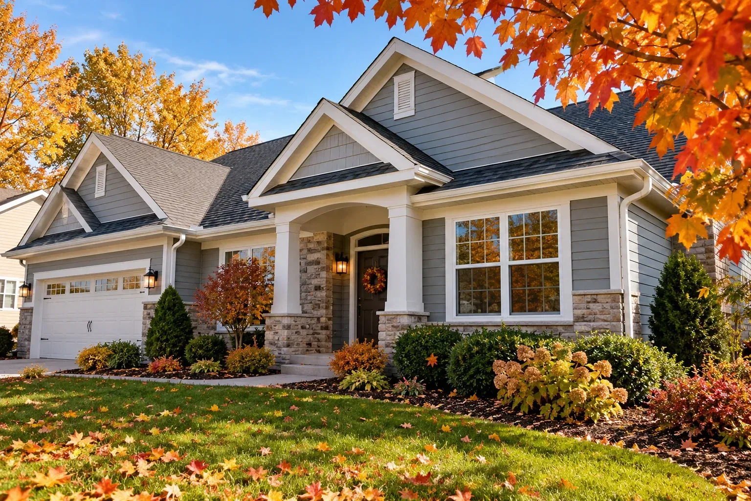 Janesville, WI home in fall with roof, gutters, siding, windows, and landscaping ready for seasonal 