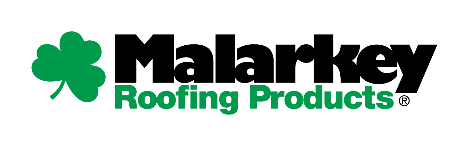 The logo for malarkey roofing products has a green shamrock on it.