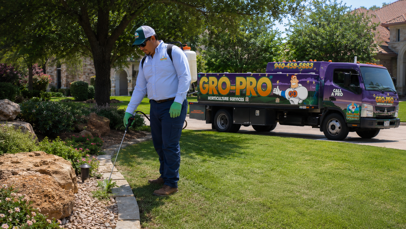 Person in green gloves holding a yellow tray of blue pellets outdoors.