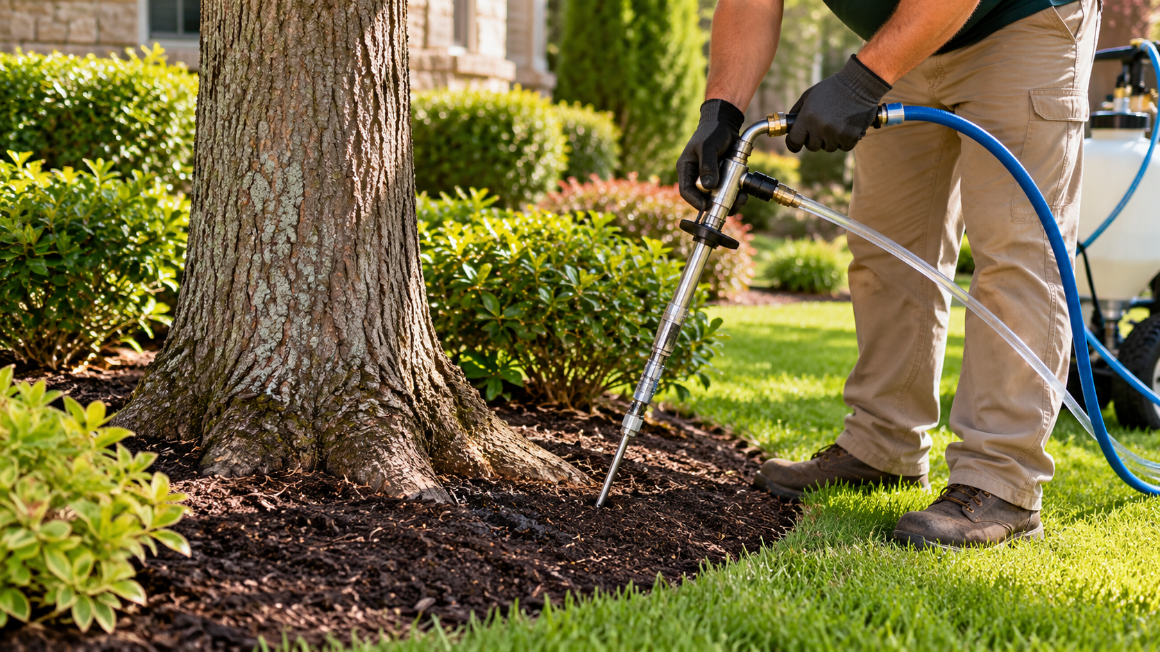 Person kneeling and trimming a green shrub in a garden, wearing gloves and brown work clothes.