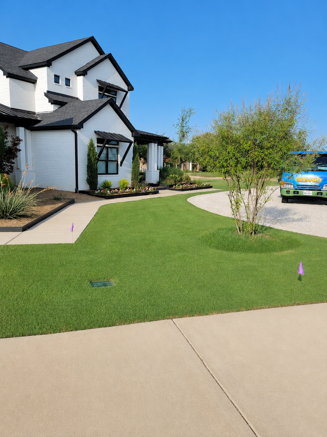 Suburban house with white siding, green lawn, curved driveway, and a blue car under a clear sky