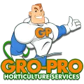 GP Gro-Pro Horticulture Services logo with a smiling white-and-blue mascot holding a thumbs-up