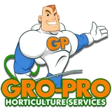 GP Gro-Pro Horticulture Services logo with a smiling white-and-blue mascot holding a thumbs-up