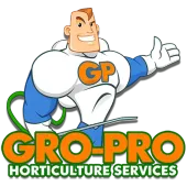 GP Gro-Pro Horticulture Services logo with a smiling white-and-blue mascot holding a thumbs-up