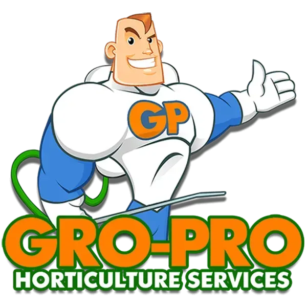 GP Gro-Pro Horticulture Services logo with a smiling white-and-blue mascot holding a thumbs-up