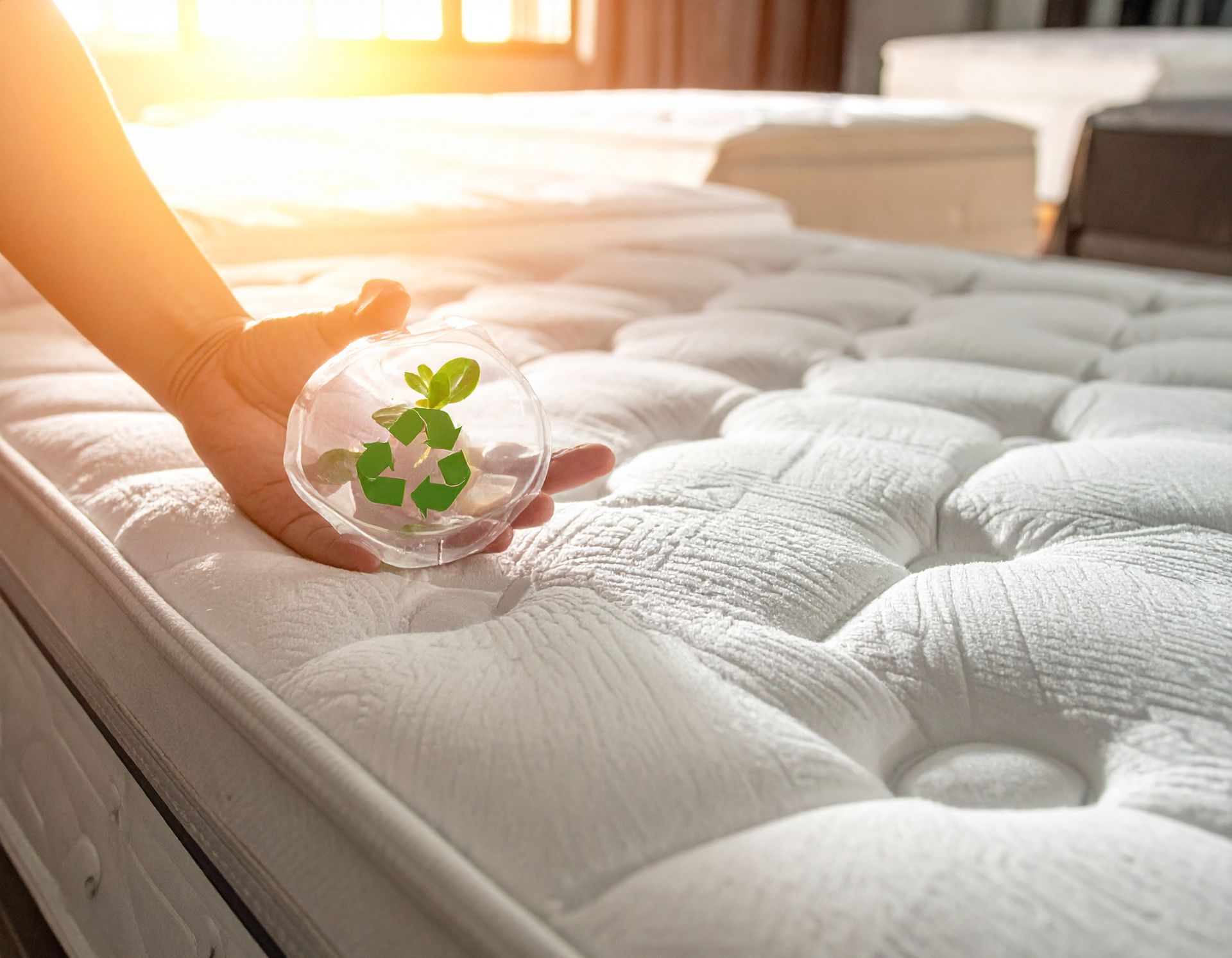 Hand holding a glass sphere with a plant and recycling symbol on a white mattress.
